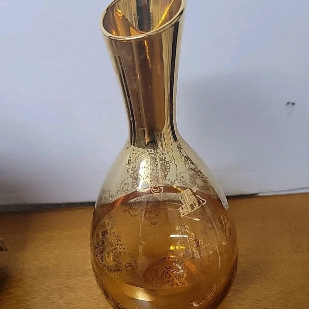 Murano Italy 24 Kt Gold Floral Glass Decanter & 6 Matching Glasses - Picture 7 of 16